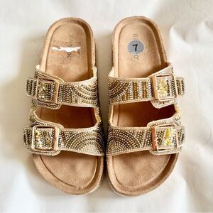 BAMBOO Champagne Gold Brake Women's sz 7 Espadrille Beaded Double Buckle Sandals